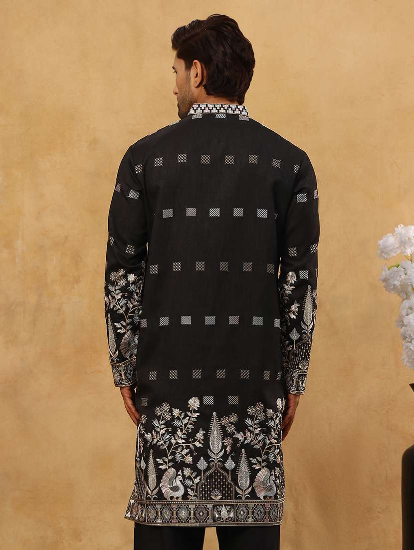 Men Black Silk Blend Long Kurtas Kurta - 22476959 -  Standard Image - 5