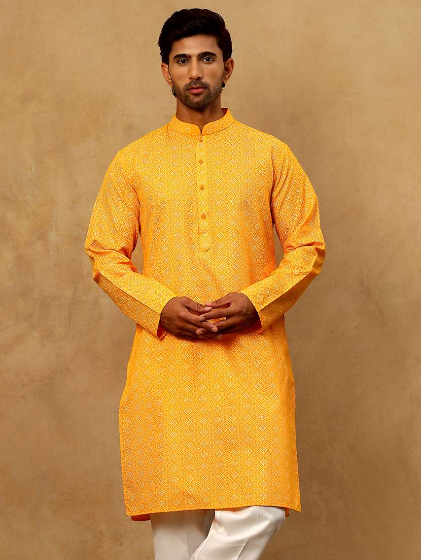 men orange cotton long kurtas kurta - 22476964 -  Standard Image - 3