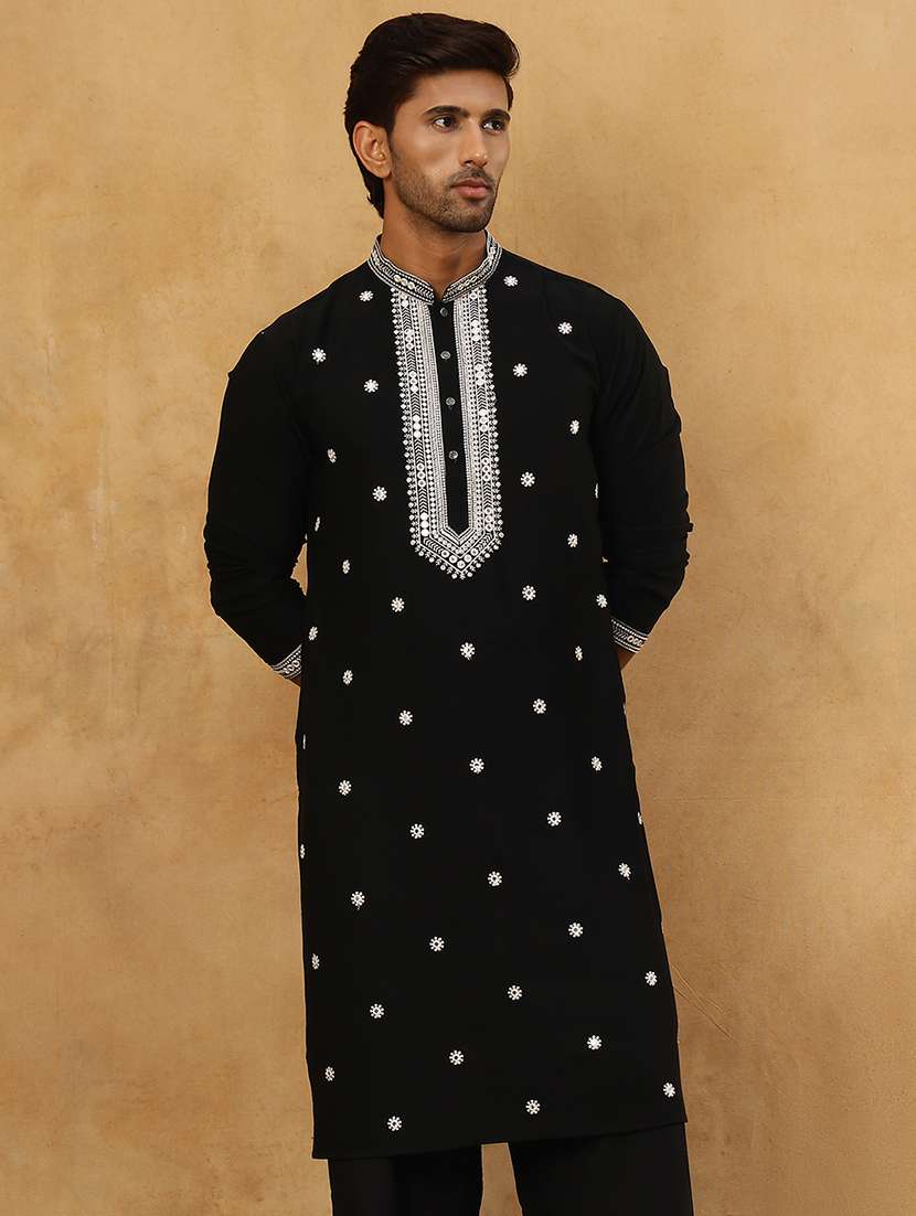 Men Black Cotton Long Kurtas Kurta - 22476973 -  Standard Image - 3