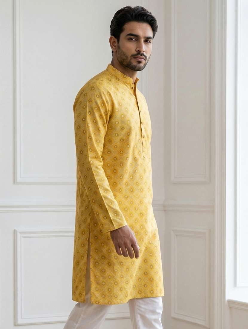 men yellow cotton long kurtas kurta - 22476982 -  Standard Image - 3