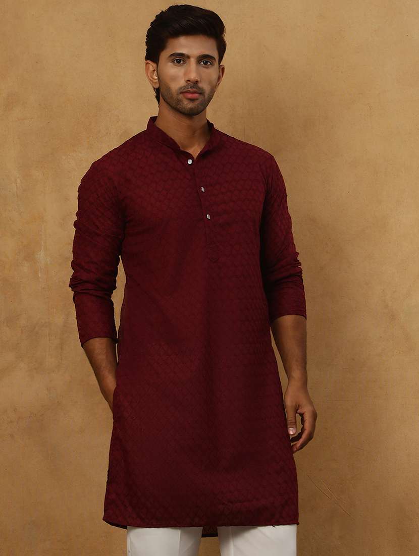 men maroon cotton long kurtas kurta - 22476998 -  Standard Image - 3