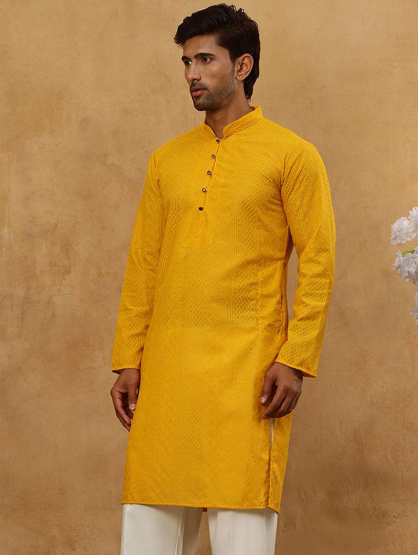 men mustard cotton long kurtas kurta - 22477002 -  Standard Image - 3