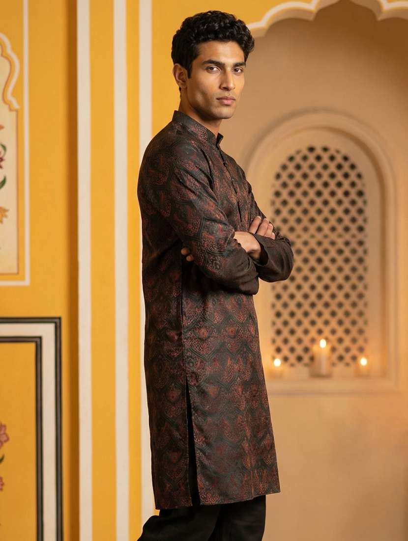 men bronze silk blend long kurtas kurta - 22477005 -  Standard Image - 3