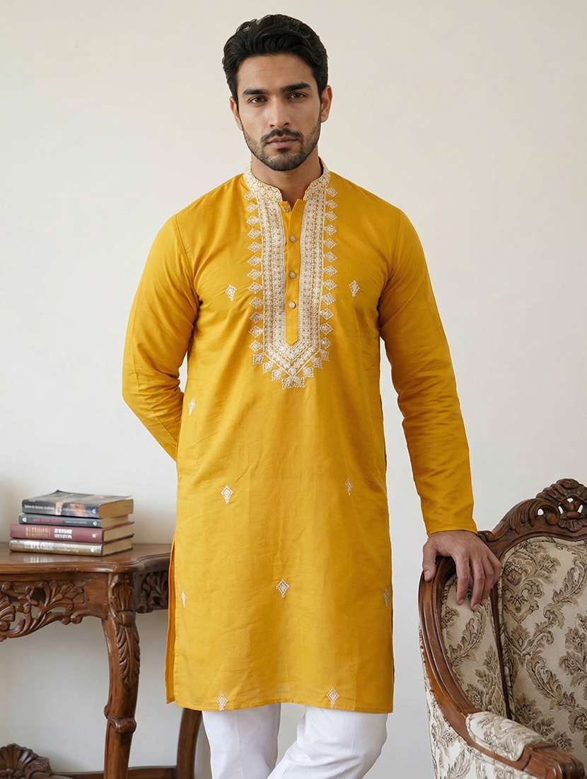 men embroidered long sleeve straight kurta