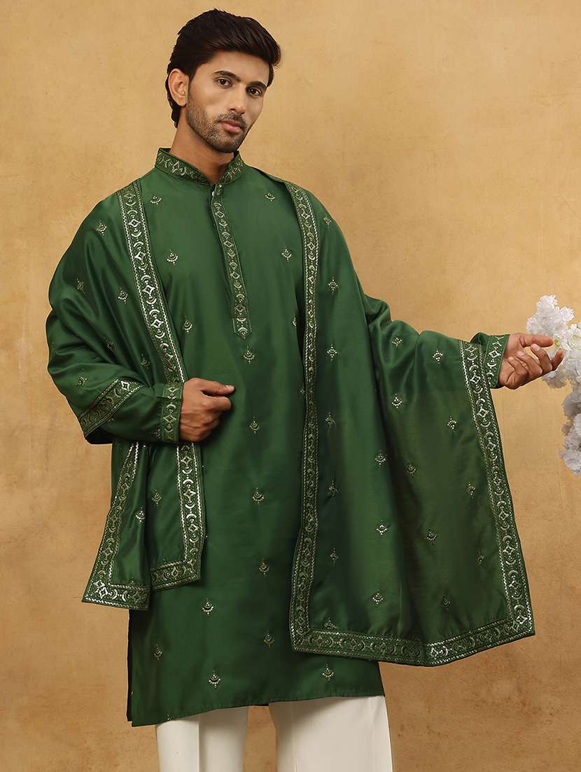 men green silk blend long kurtas kurta