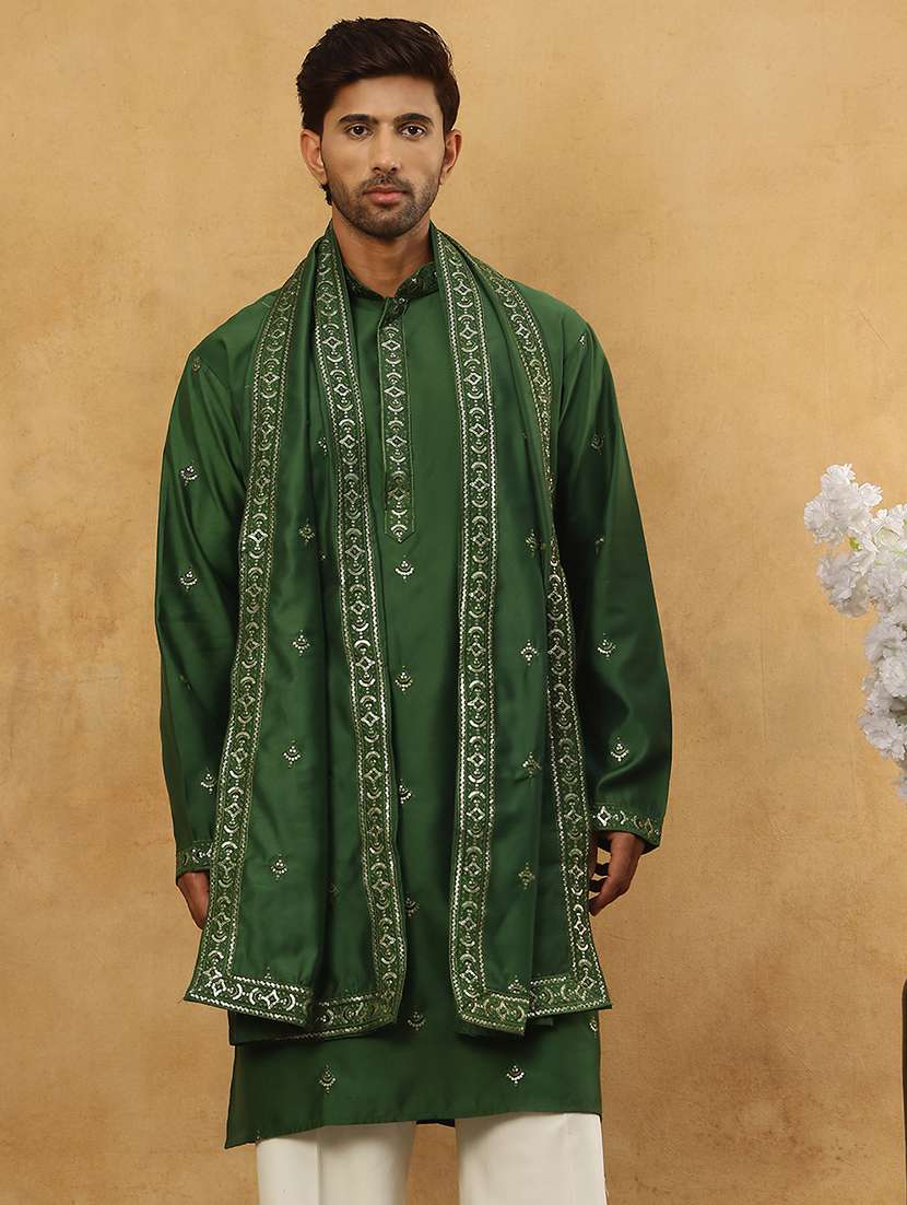 men green silk blend long kurtas kurta - 22477012 -  Standard Image - 3