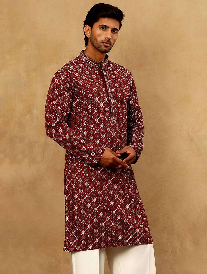 men solid with work mandarin neck long kurta