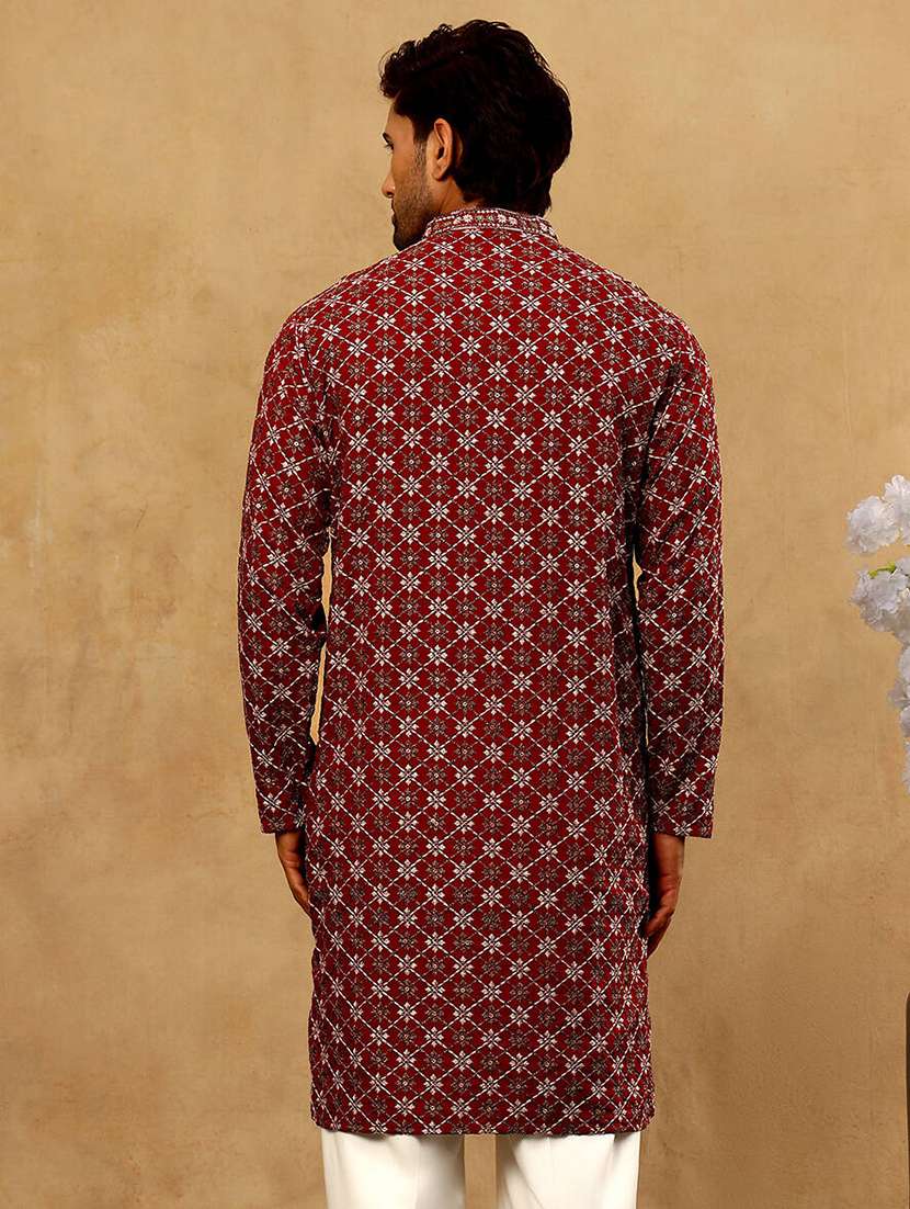 men solid with work mandarin neck long kurta - 22477013 -  Standard Image - 3