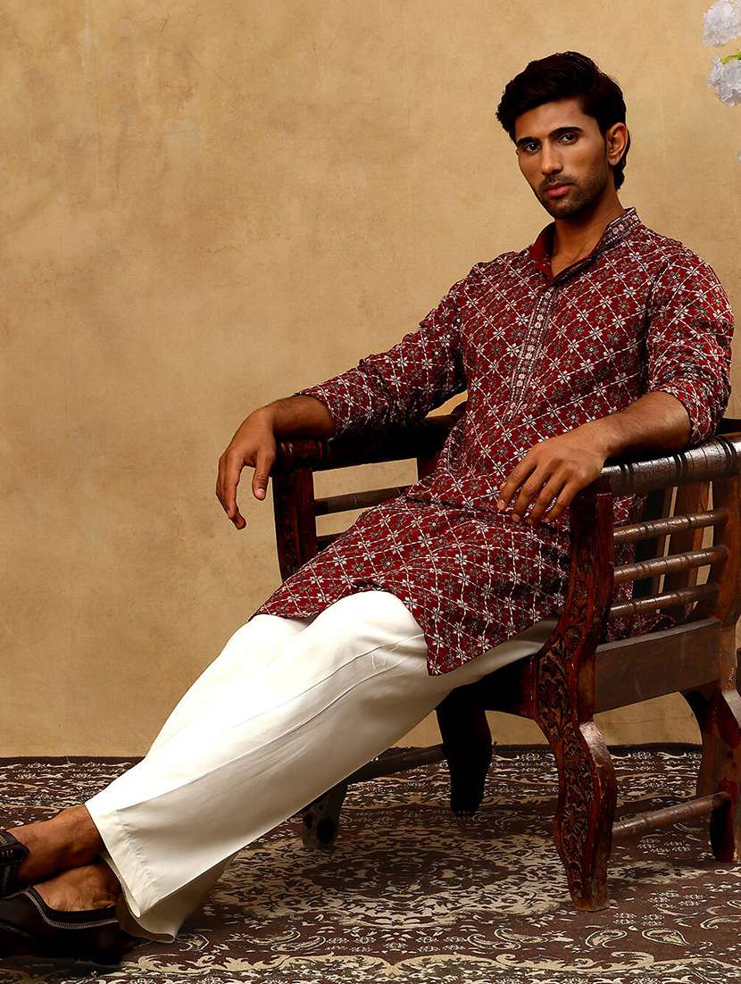 men solid with work mandarin neck long kurta - 22477013 -  Standard Image - 5
