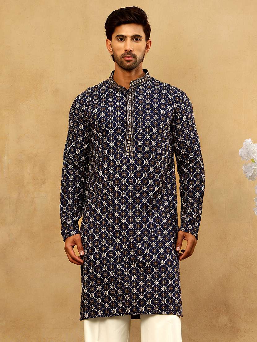 men navy blue viscose long kurtas kurta