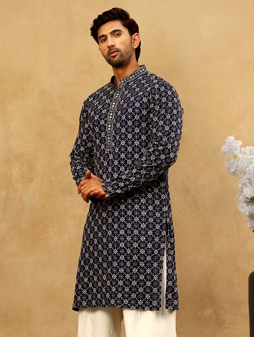 men navy blue viscose long kurtas kurta - 22477015 -  Standard Image - 3