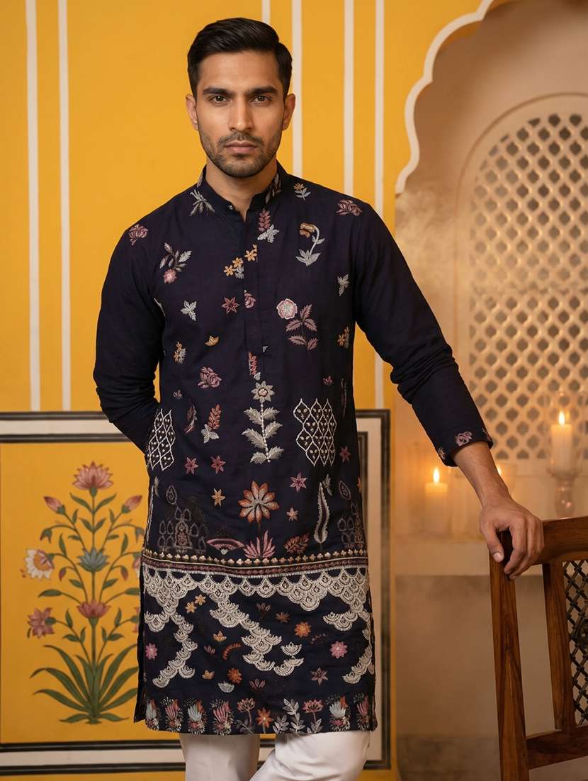 men navy blue silk blend long kurtas kurta