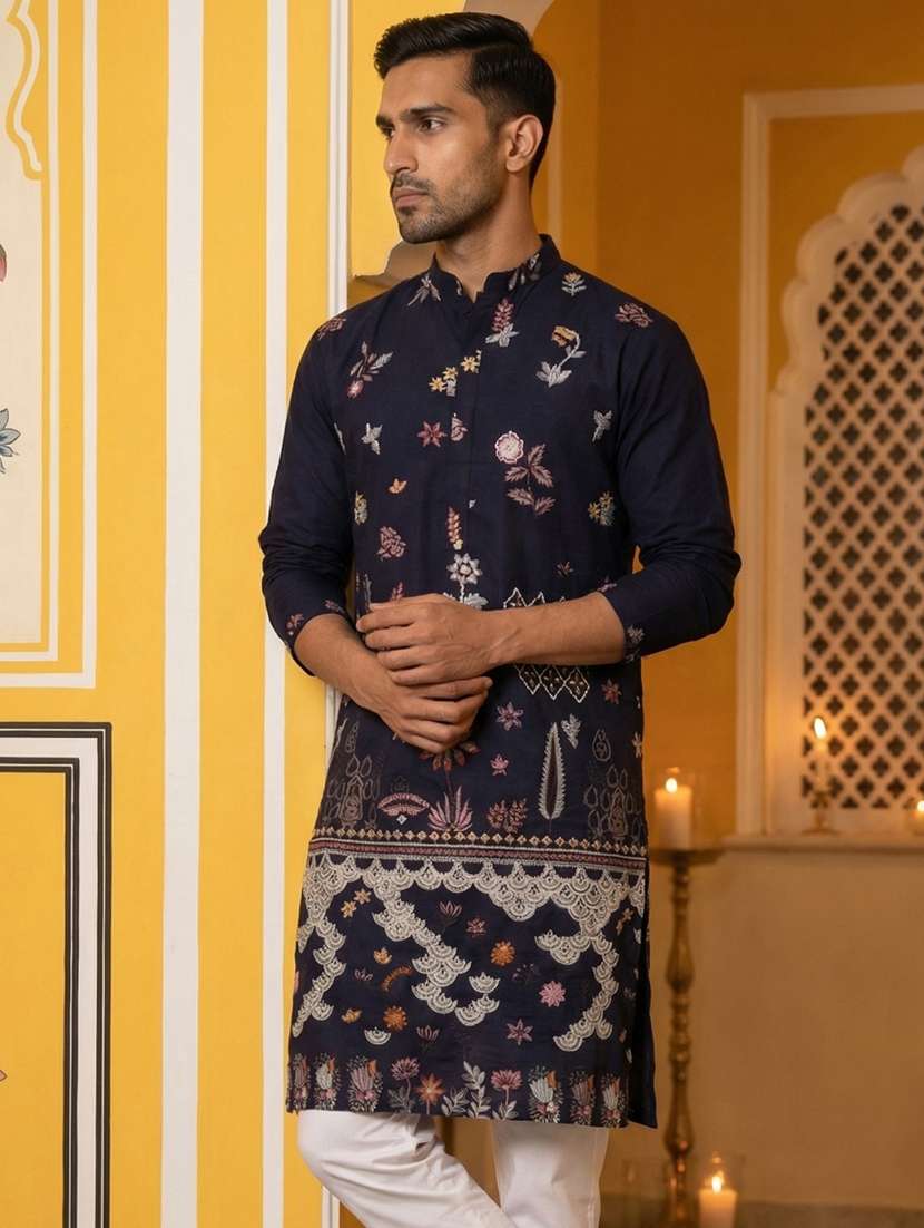 Men Navy Blue Silk Blend Long Kurtas Kurta - 22477016 -  Standard Image - 3