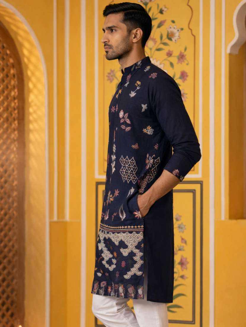 Men Navy Blue Silk Blend Long Kurtas Kurta - 22477016 -  Standard Image - 5