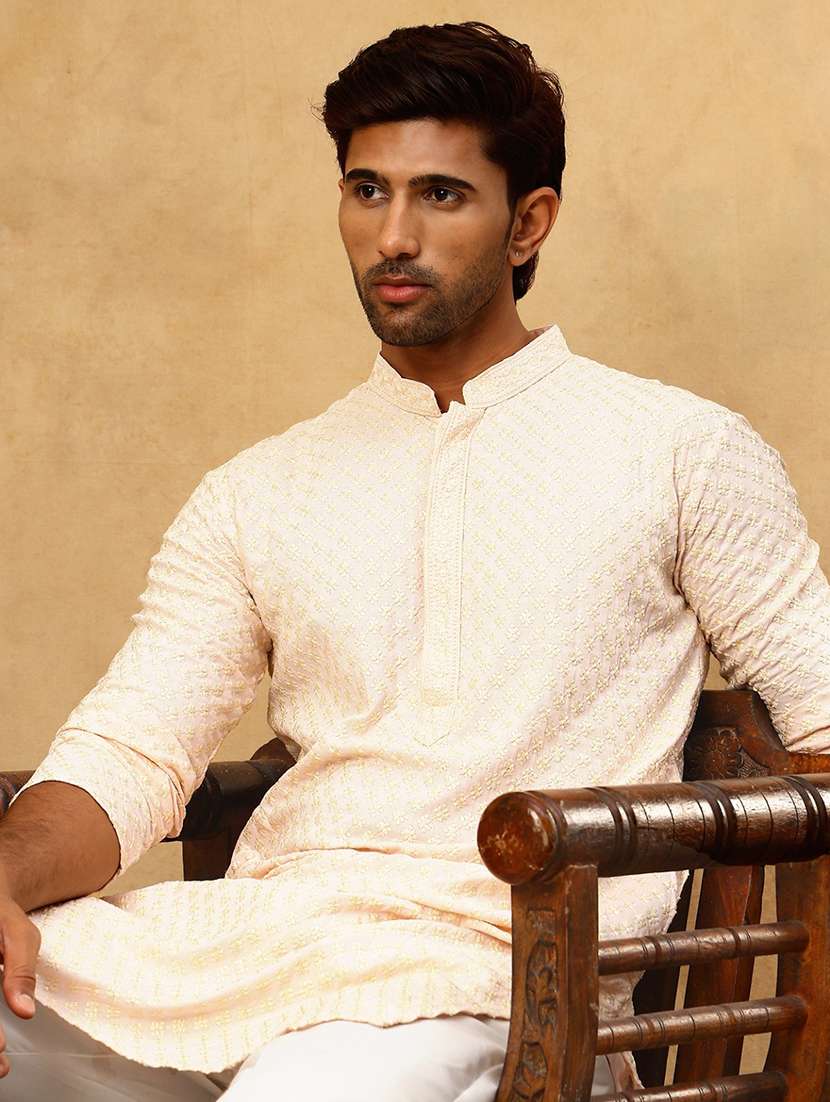 men peach viscose long kurtas kurta