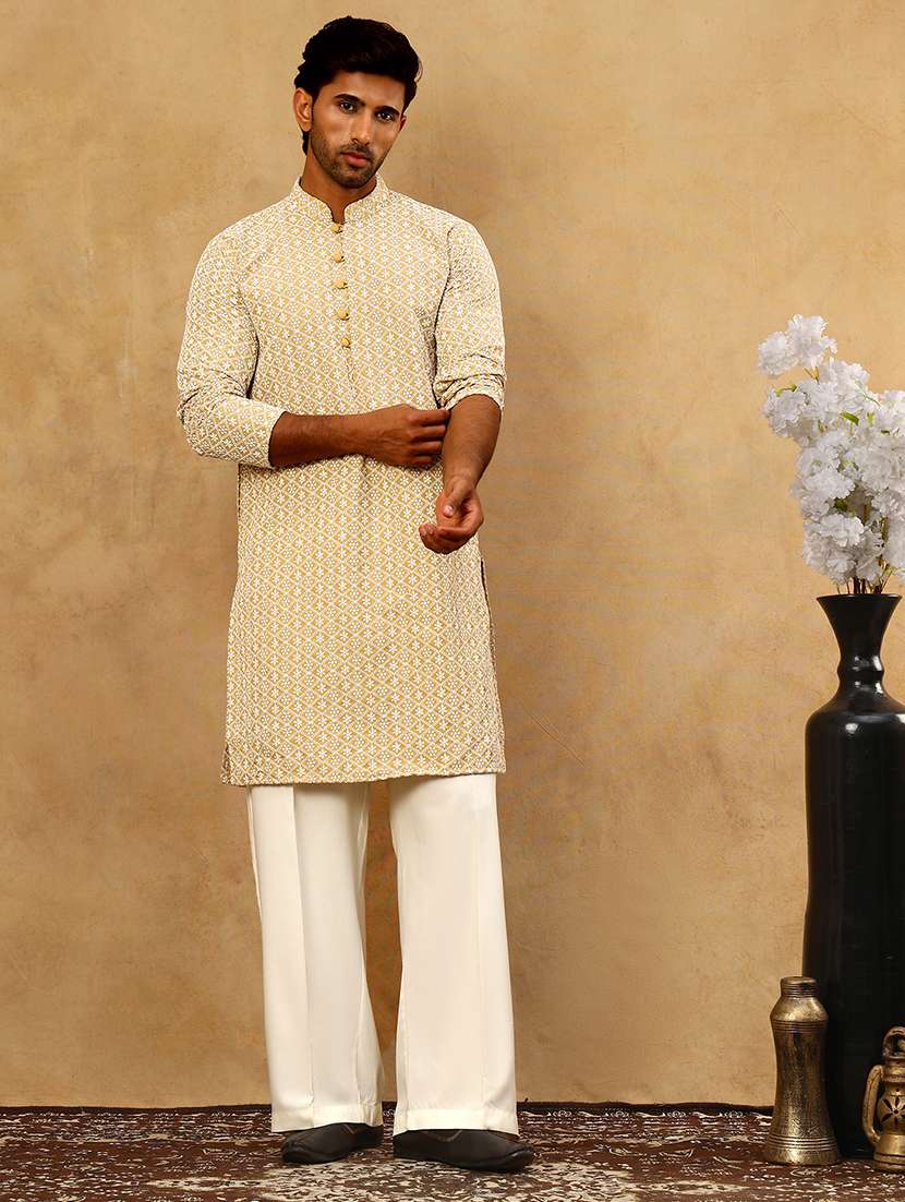 Men Beige Cotton Kurta Pyjama Ethnic Wear Set - 22477040 -  Standard Image - 3