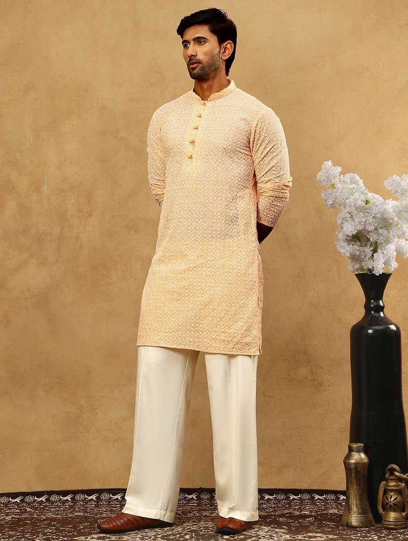 Men Orange Cotton Kurta Pyjama Ethnic Wear Set - 22477043 -  Standard Image - 3