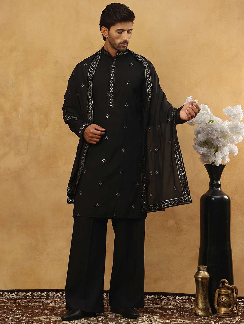 men black silk blend kurta pyjama ethnic wear set