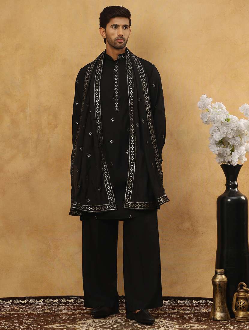 men black silk blend kurta pyjama ethnic wear set - 22477064 -  Standard Image - 3