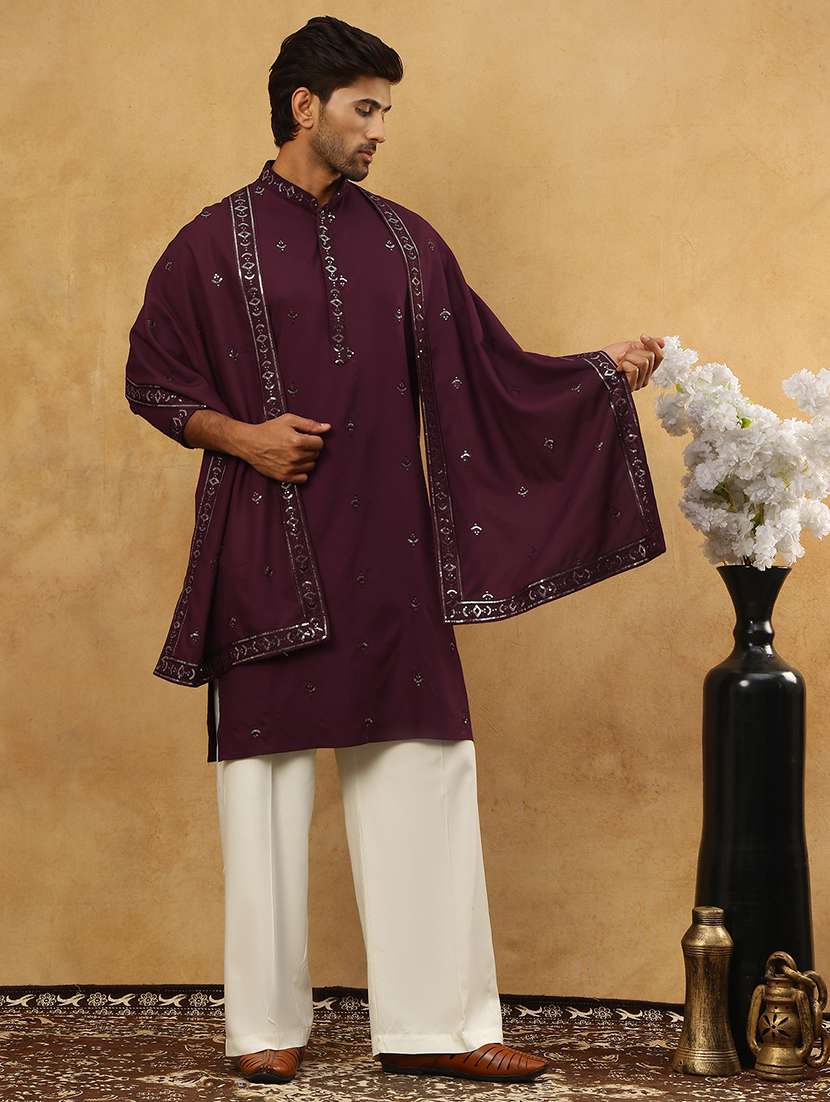 men purple silk blend kurta pyjama ethnic wear set