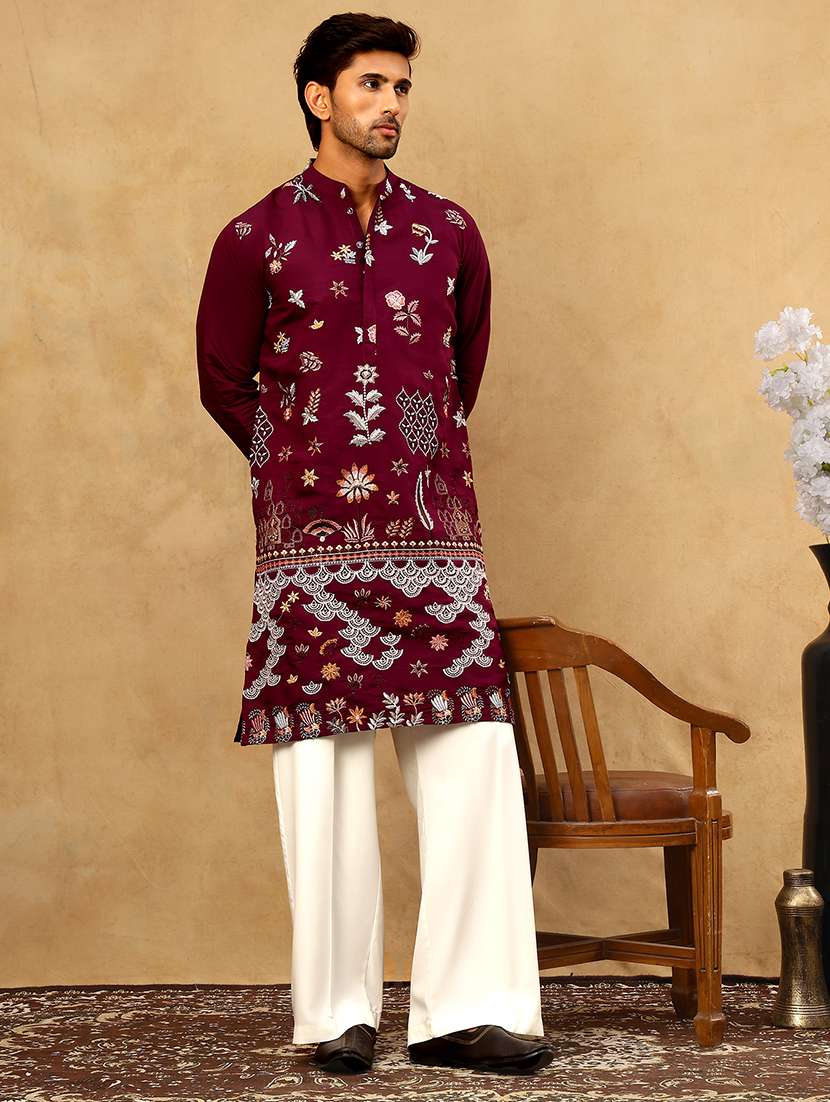 men wine silk blend kurta pyjama ethnic wear set