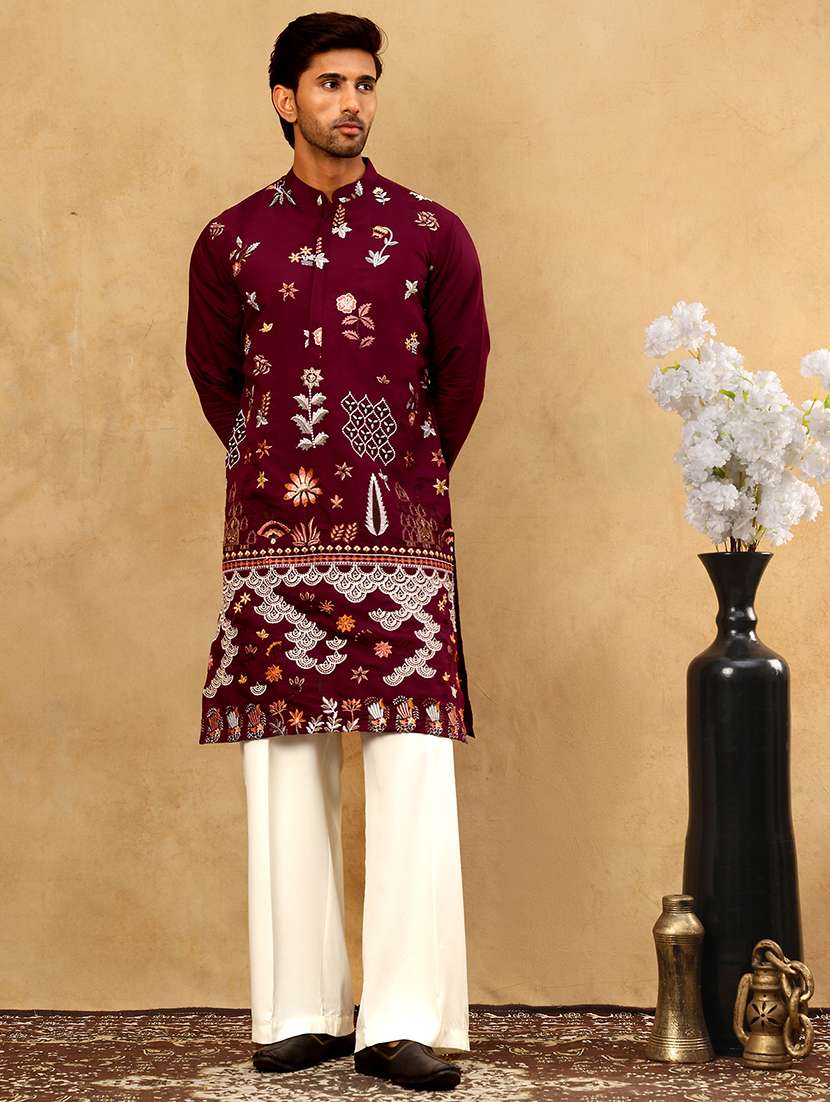 men wine silk blend kurta pyjama ethnic wear set - 22477074 -  Standard Image - 3