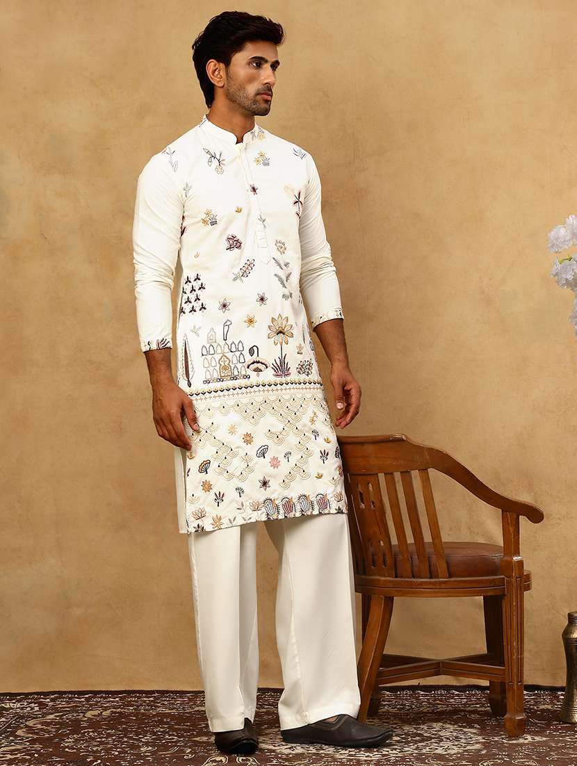 men white silk blend kurta pyjama ethnic wear set