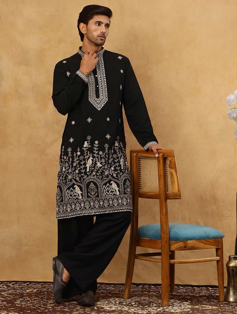 men black cotton blend kurta pyjama ethnic wear set