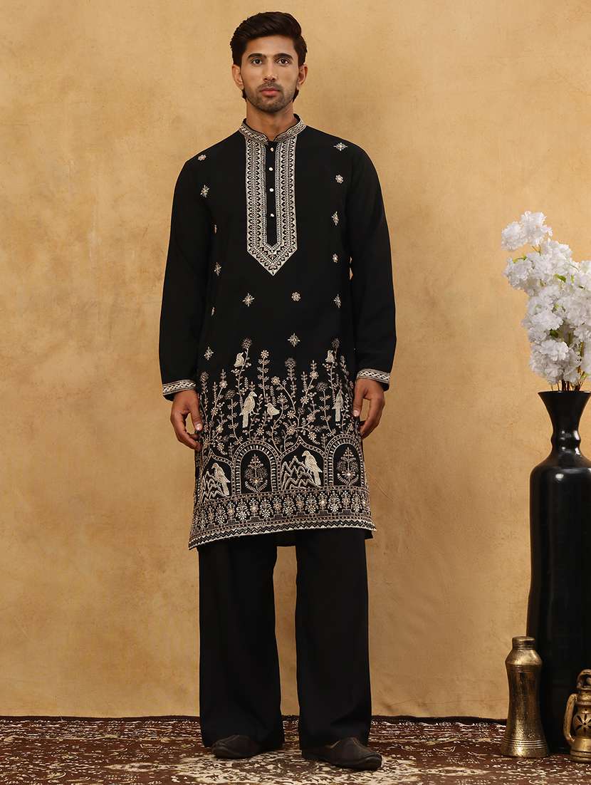 men black cotton blend kurta pyjama ethnic wear set - 22477106 -  Standard Image - 3