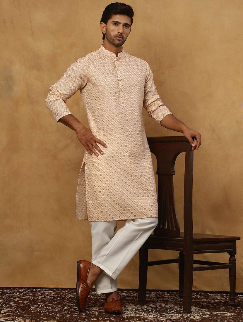 men peach cotton blend kurta pyjama ethnic wear set