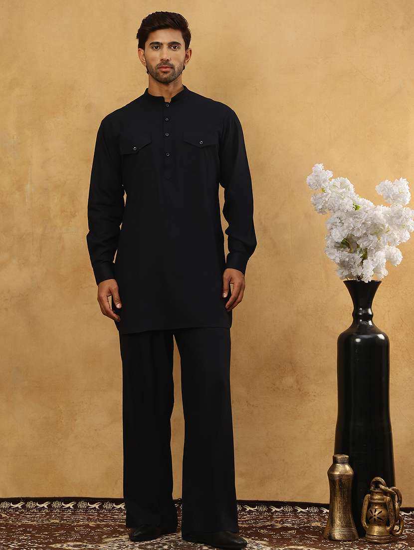men black viscose kurta pyjama ethnic wear set - 22477114 -  Standard Image - 3