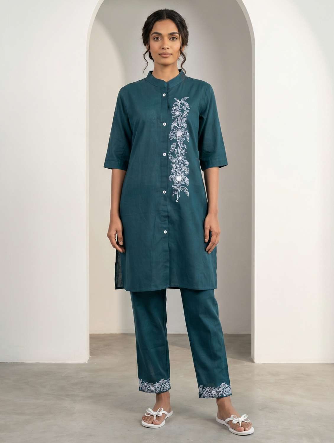 women solid with work three quarter sleeve ethnic co-ord set