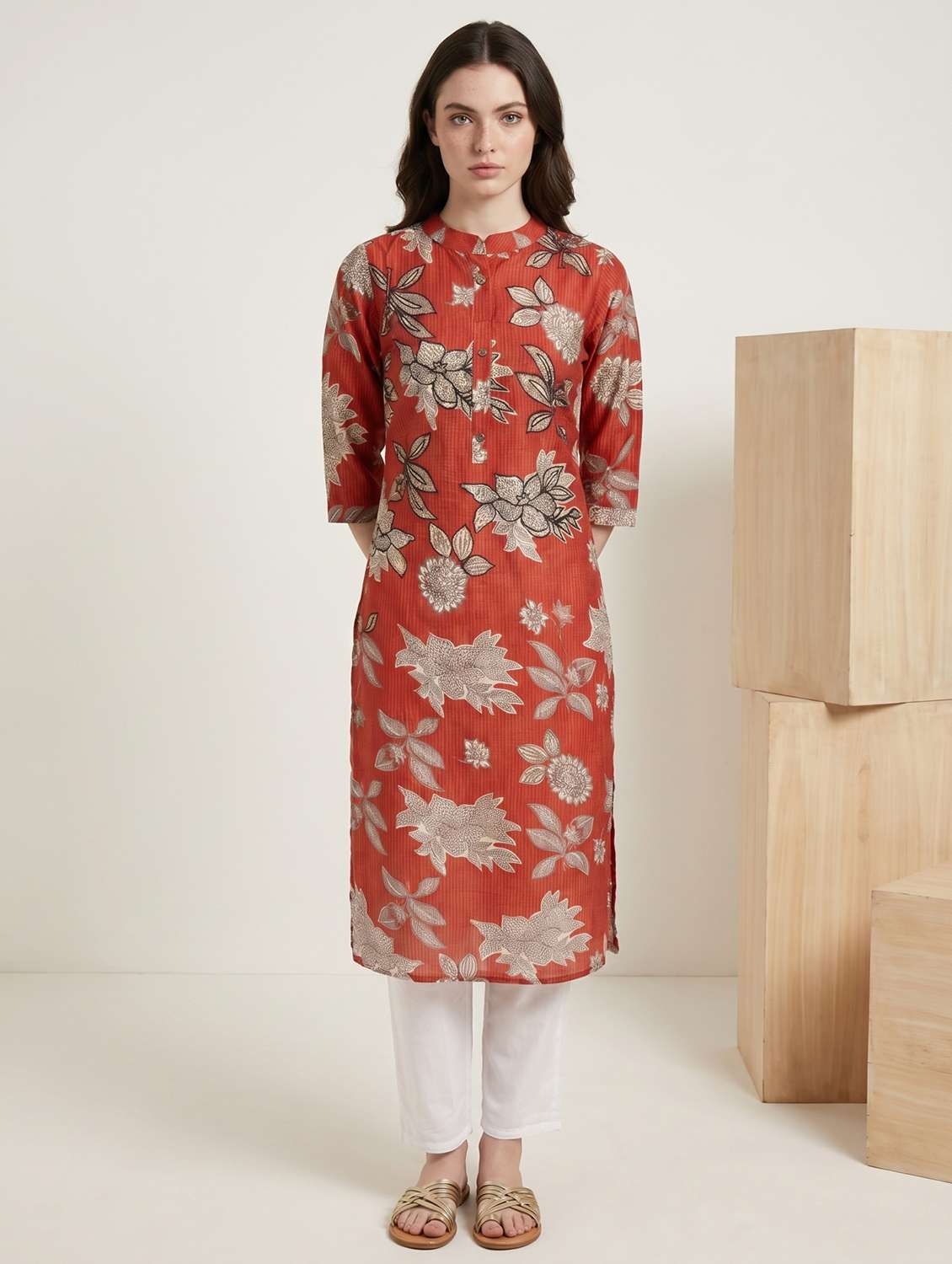 women floral three quarter sleeve straight kurta