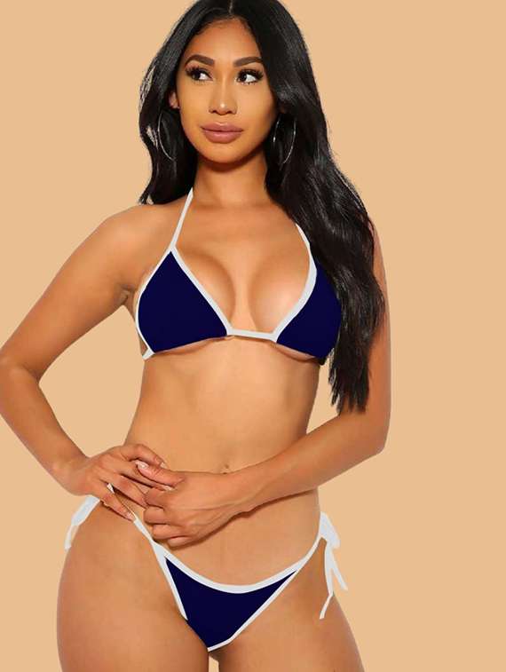 women navy blue nylon bikini