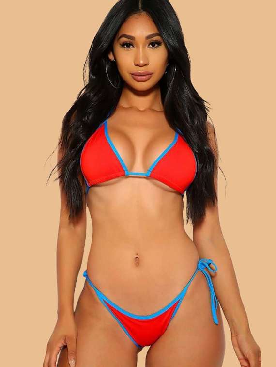 women solid red nylon bikini