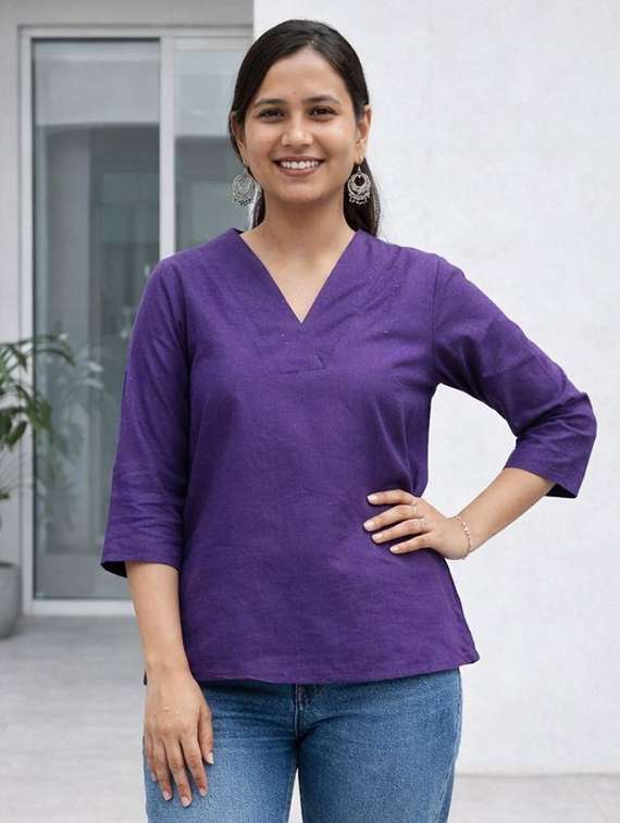 women purple linen regular top
