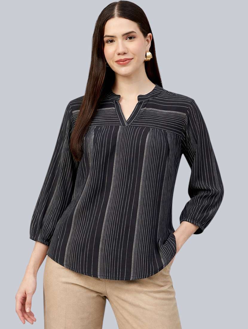 women striped printed three quarter sleeves regular top