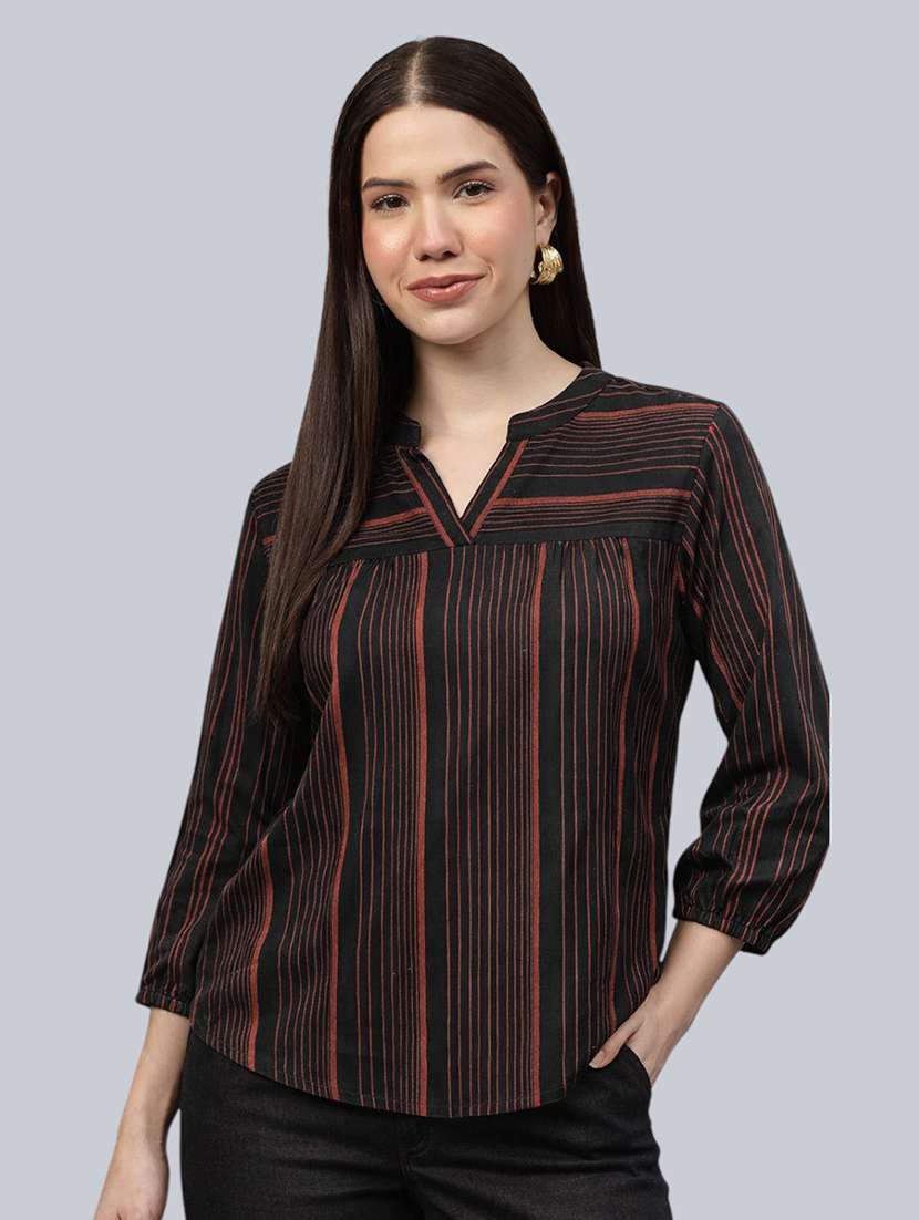 women striped printed mandarin collar top
