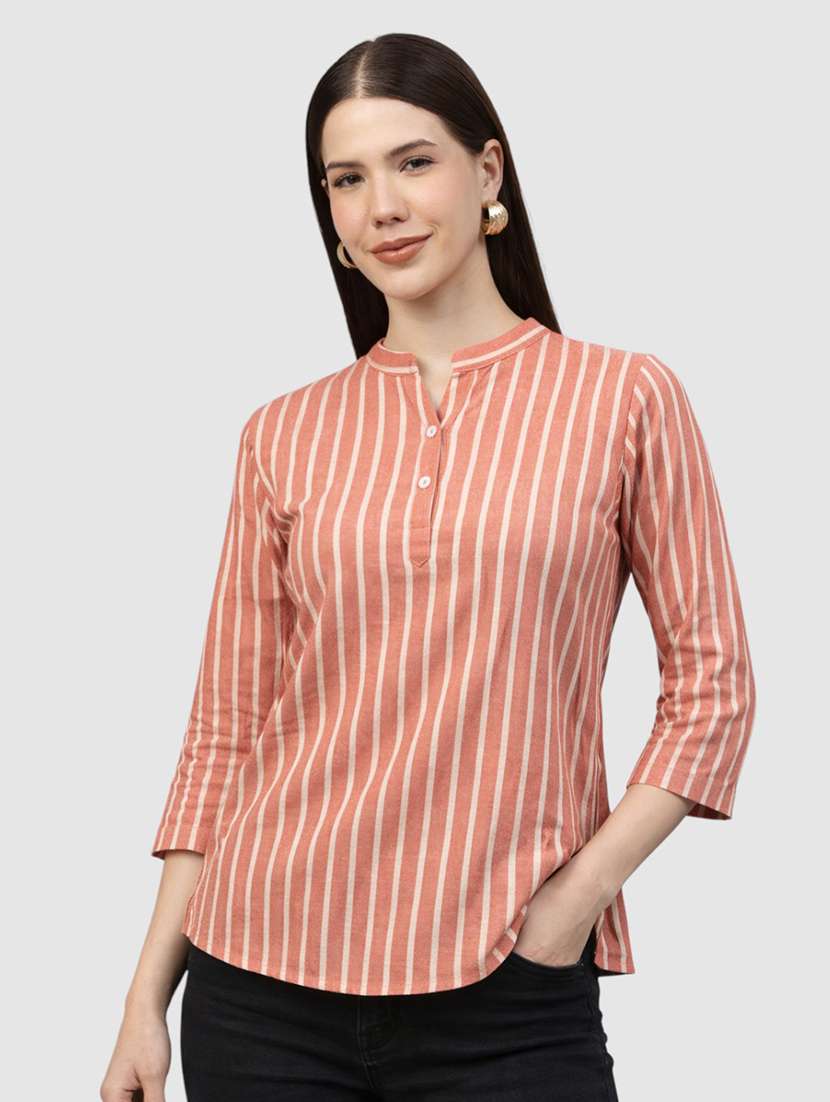 women striped printed mandarin collar top