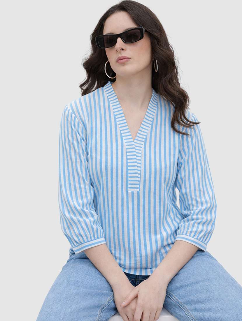 women striped printed v neck regular top