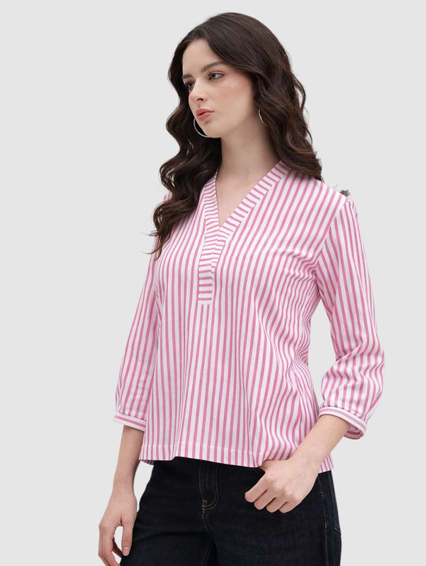 women striped three quarter sleeves v neck top - 22477539 -  Standard Image - 3