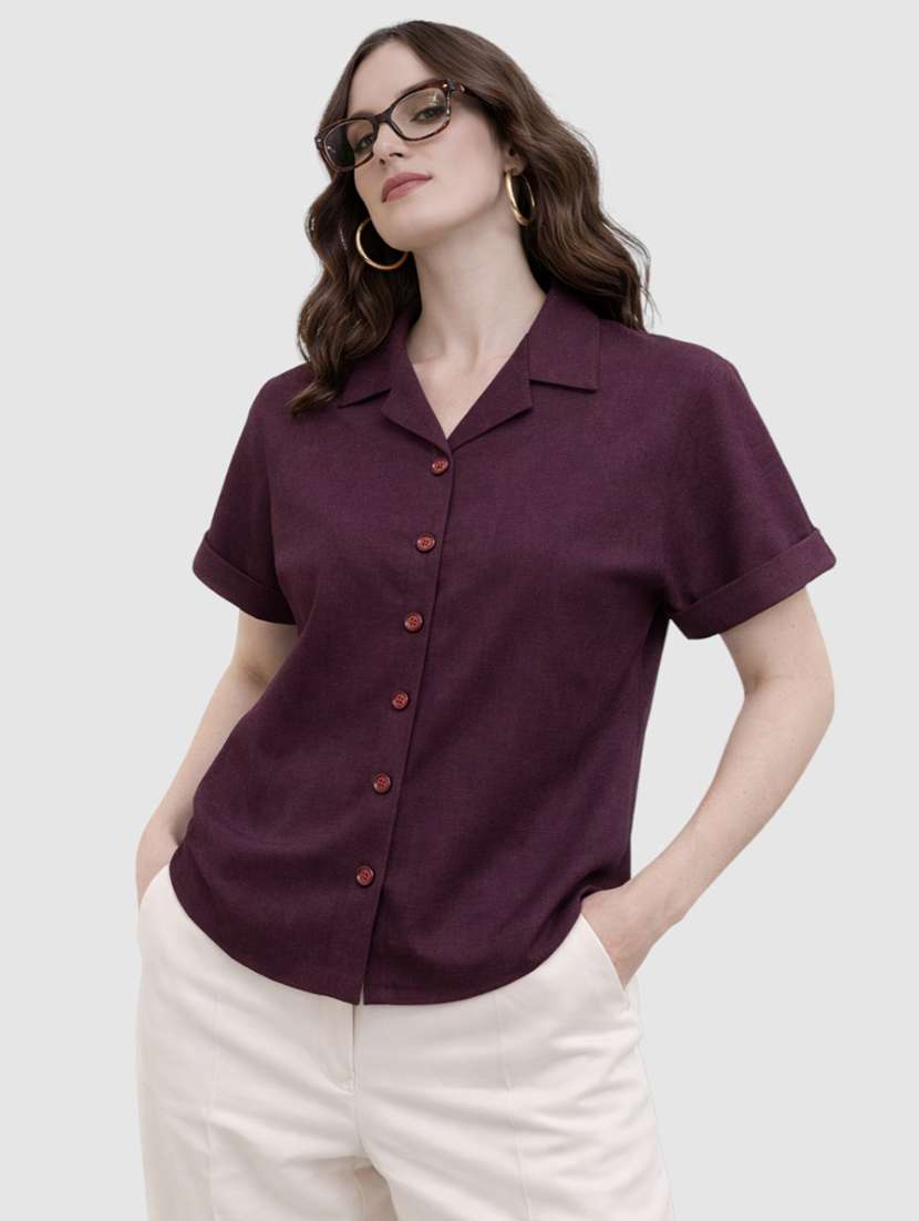 women solid short sleeves regular fit shirt