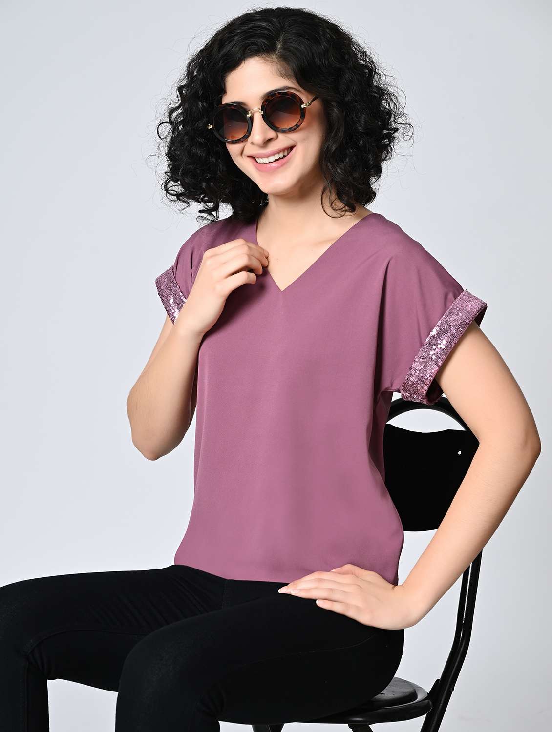 girls v-neck crepe solid regular fit top - 22477554 -  Standard Image - 5