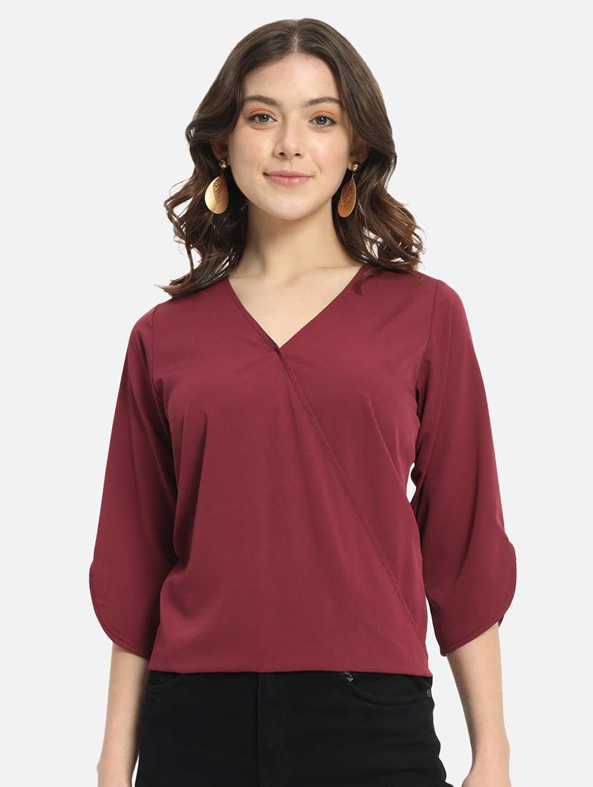 women maroon crepe regular top