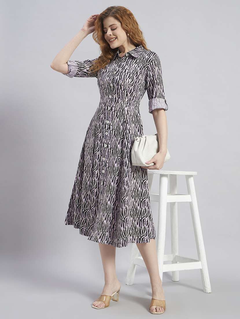 women printed collared midi shirt dress