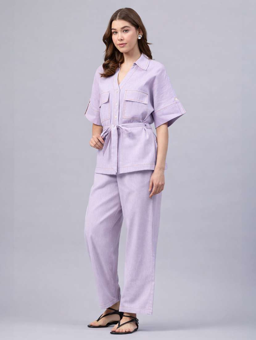 women solid short sleeves shirt and trouser co-ord set - 22477601 -  Standard Image - 3