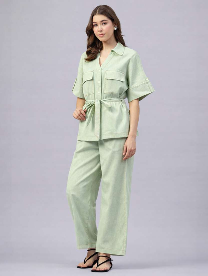 women solid short sleeves shirt and trouser co-ord set - 22477602 -  Standard Image - 3