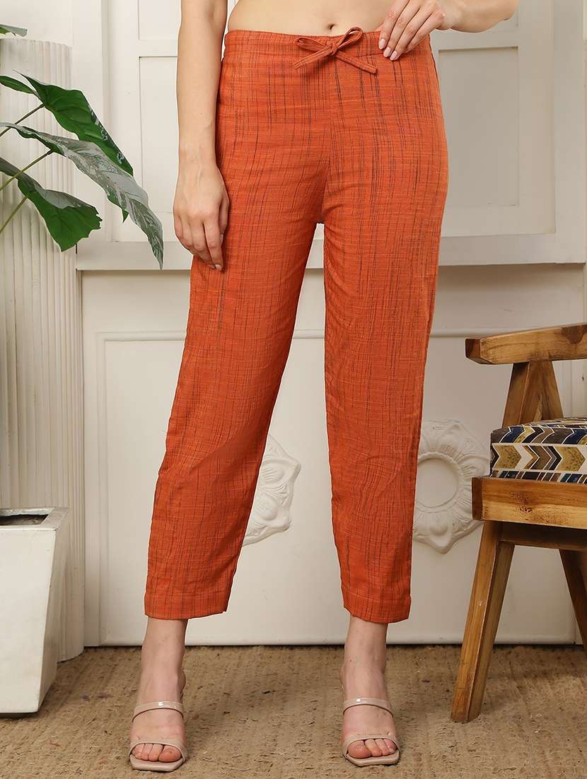 women orange cotton straight trouser