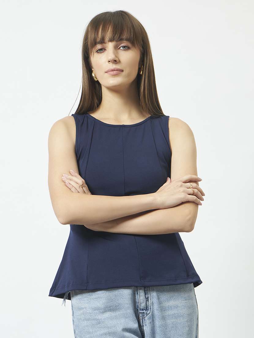 women navy blue polyester regular top