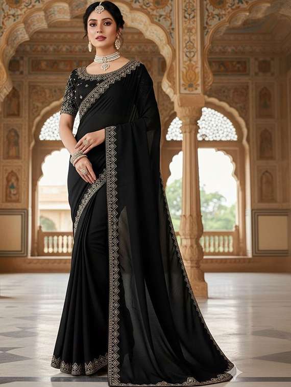 women solid with bordered saree with blouse